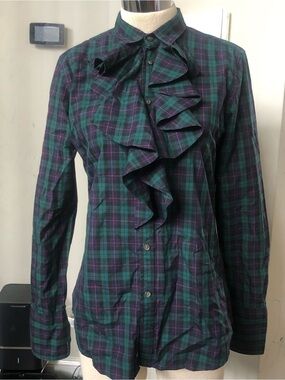 Ralph Lauren Rugby Cascading Ruffle Front Plaid Top Sz 10